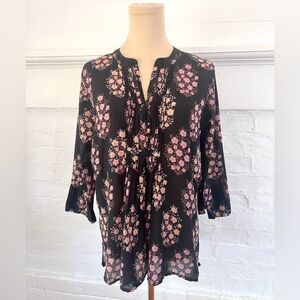 Roller Rabbit Arles Black Floral Cotton Blouse Boho Natural Fibers Made in India